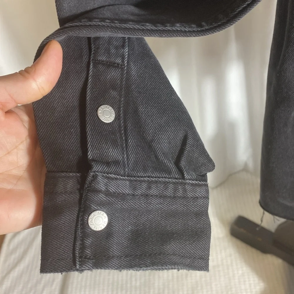 Zara Man Jacket Men Meduim Black Button Down Distressed Relaxed Fit Trucker